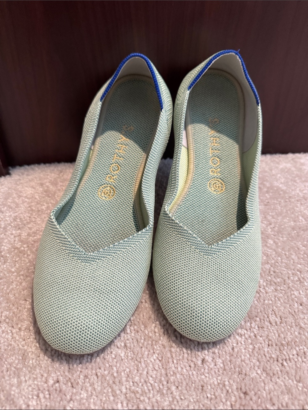 Rothy's Seafoam Knit Slip-On Flats with Blue Trim